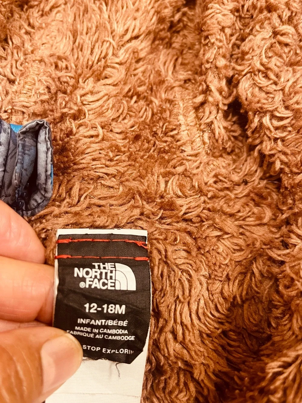 The North Face Navy and Teal Patterned Hooded Puffer Jacket